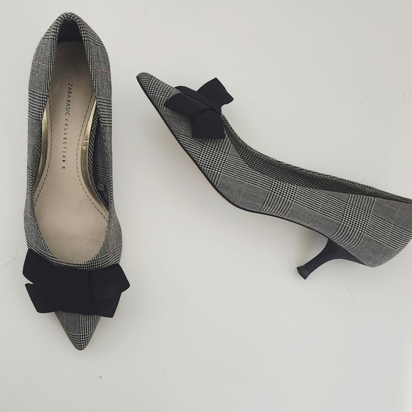 Zara Women’s Black Gray Plaid Bow Mini Heels EU 36 Pumps Office Career Shoes - Picture 5 of 16